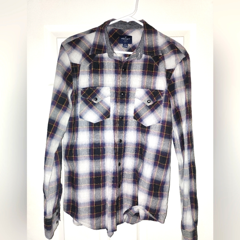 American Eagle snap button dress shirt gray/multi color